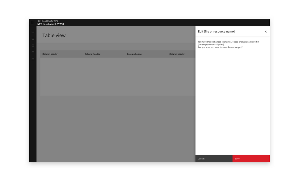 Example of a warning screen in a side panel before a user saves changes Example of a warning screen in a side panel before a user saves changes