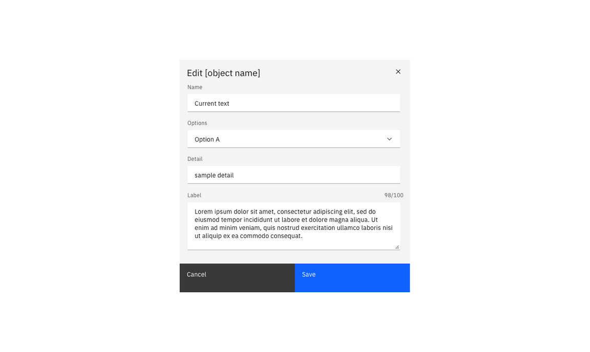 Example of a low consequence edit action in a modal Example of a low consequence edit action in a modal