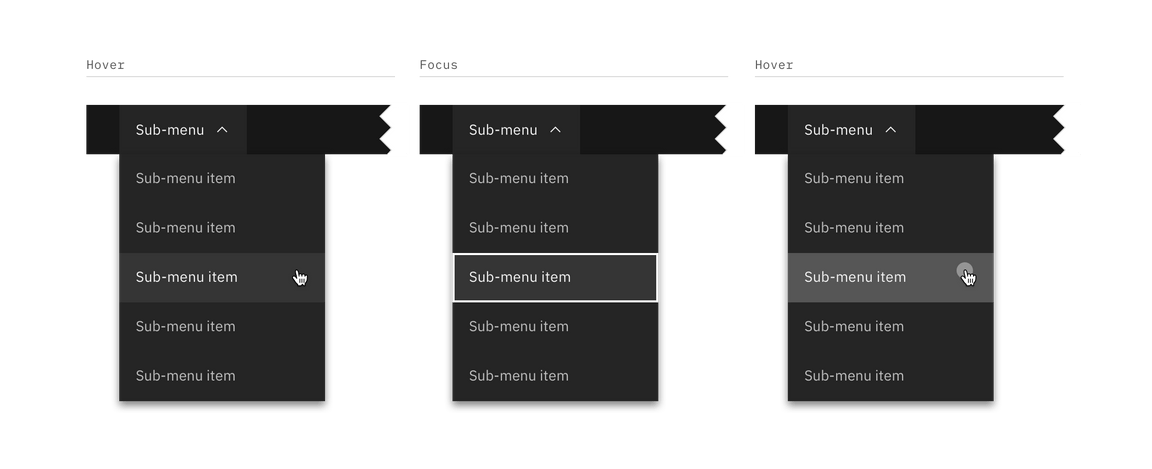 Sub-menu interactive states Sub-menu interactive states