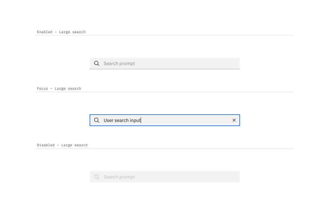 Enabled, focus, and disabled search states Enabled, focus, and disabled search states