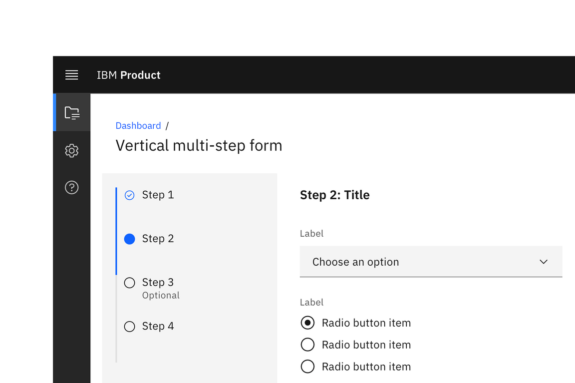 A multi-step form with a vertically oriented progress indicator. A multi-step form with a vertically oriented progress indicator.