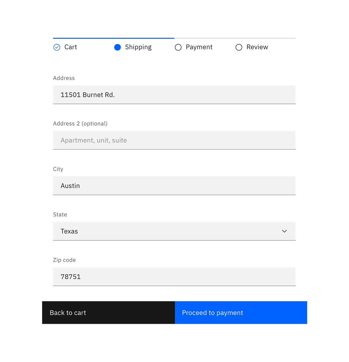 Example of the progress indicator in a payment UI Example of the progress indicator in a payment UI