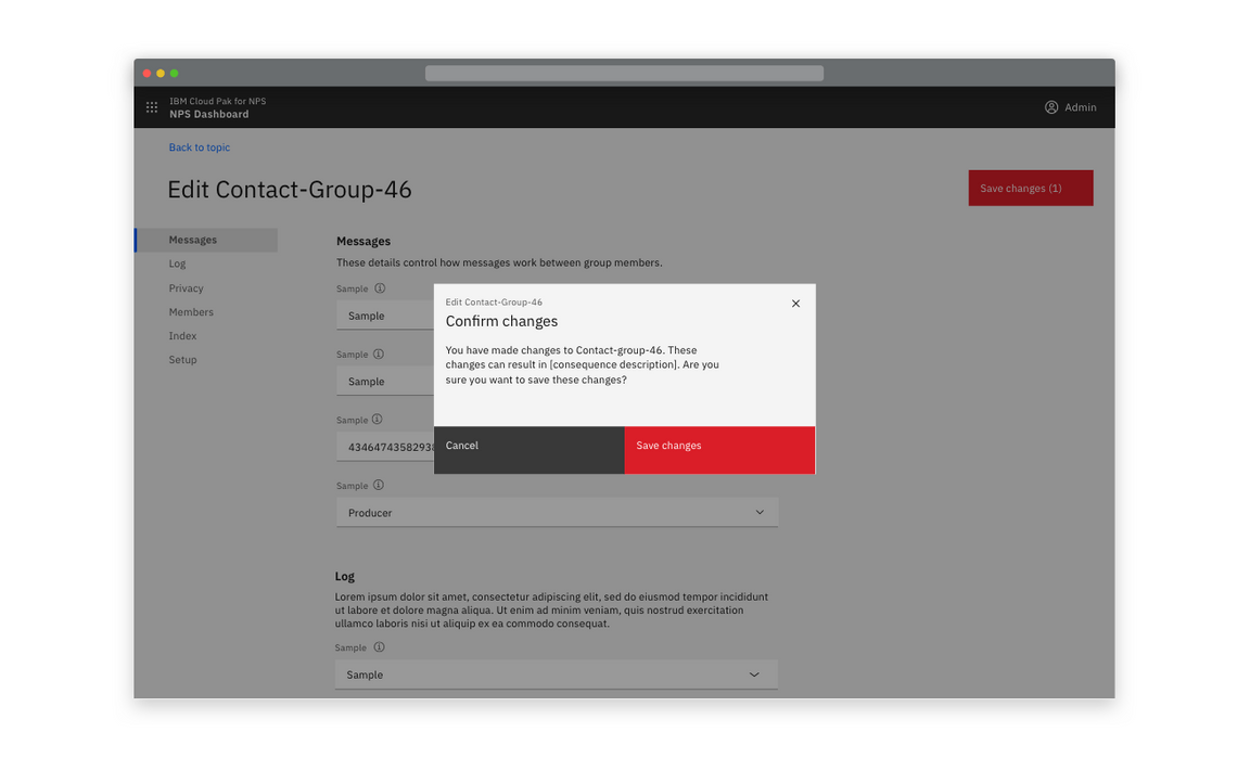 Example of a modal warning users of the consequences of saving after a full-page edit Example of a modal warning users of the consequences of saving after a full-page edit